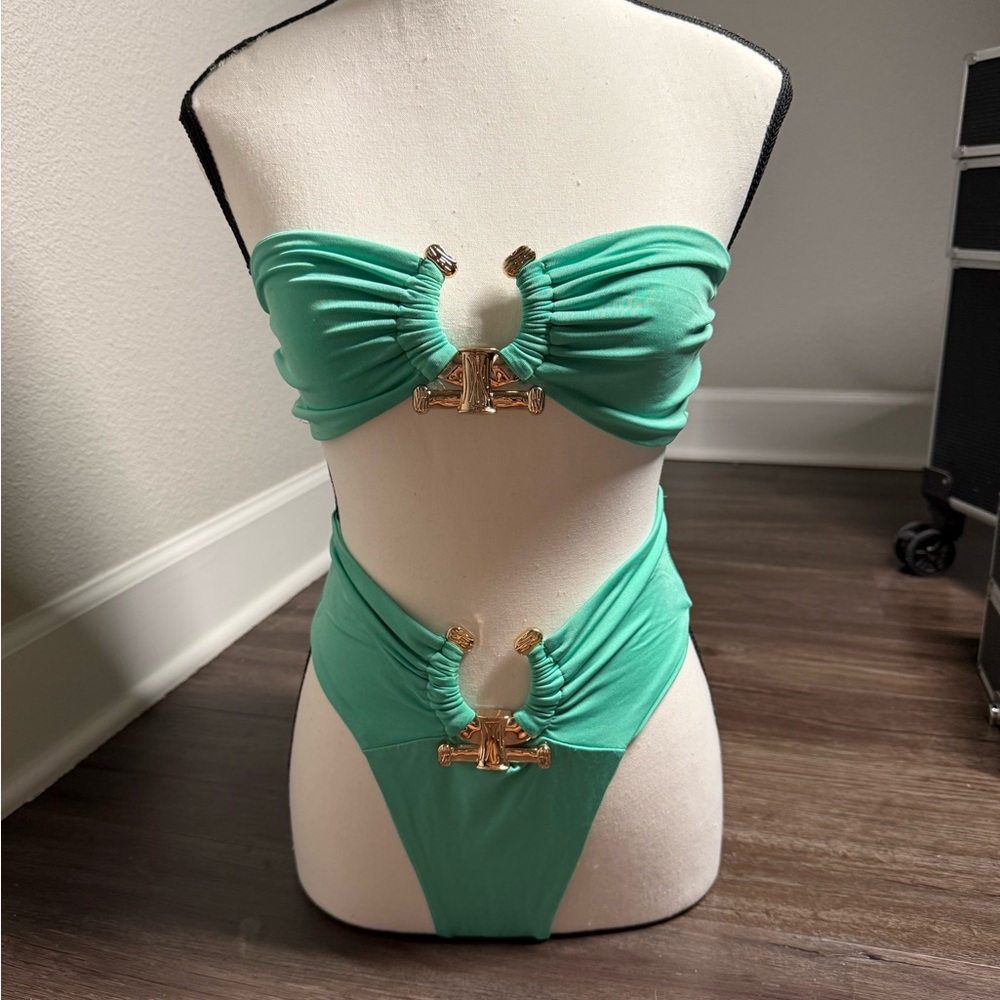 Mint Green Bikini Set with Gold Accents
